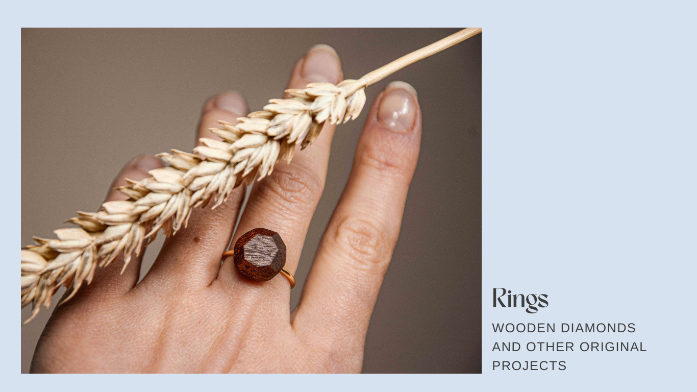 Wyjątkowe i niepowtarzalne drewniane pierścionki wykonane ręcznie. Pierścionki z drewnianymi diamentami. Ciekawa alternatywa oryginalnych zaręcznyn.